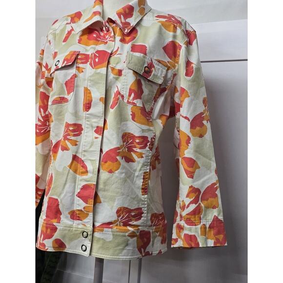 ADDITIONS CHICO'S 3 TRUCKER JACKET HIP MODERN VERSATILE FLORAL SNAP CLOSURE XL - Picture 2 of 6